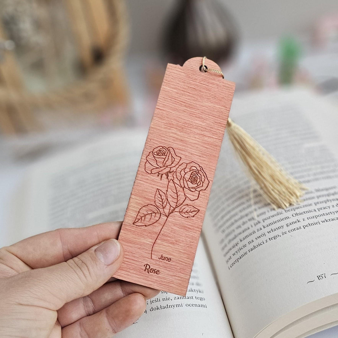 Birth Flower Bookmark June Rose - Personalised Wooden Gift for Book Lovers