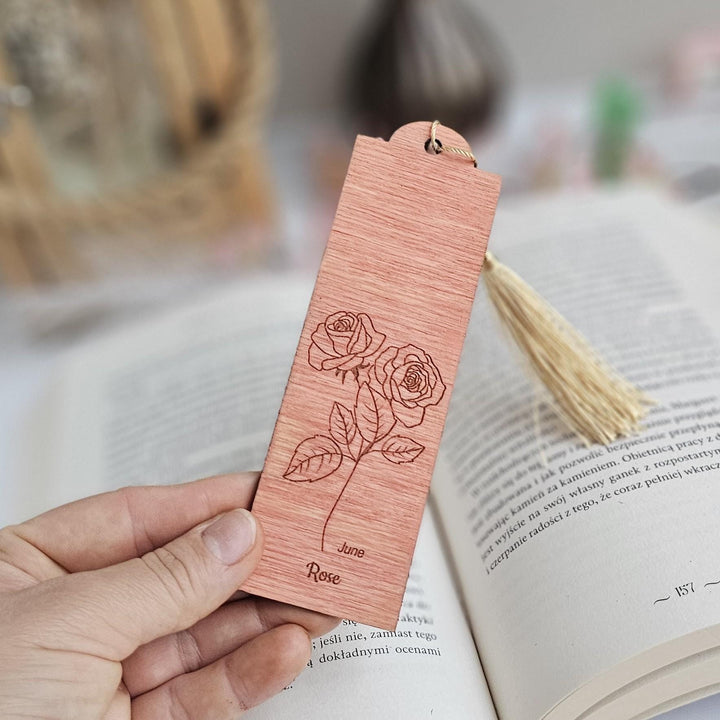 Birth Flower Bookmark June Rose - Personalised Wooden Gift for Book Lovers