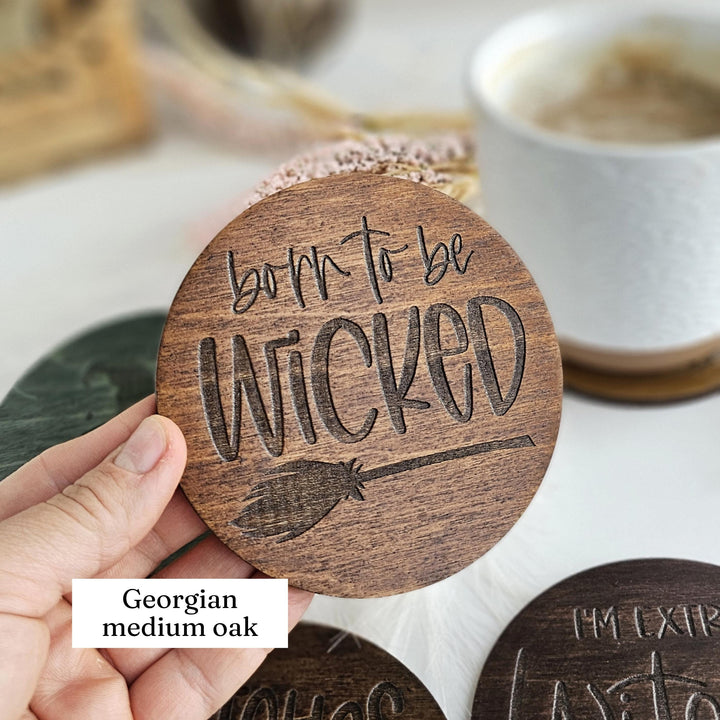 Witchy Halloween Coasters - Wooden Spooky Table Decor - Handmade Housewarming Gift Idea - Set of 4
