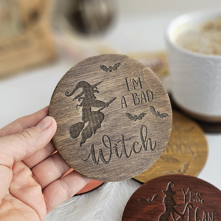 Witchy Halloween Coasters - Wooden Spooky Table Decor - Handmade Housewarming Gift Idea - I'm a bad witch
