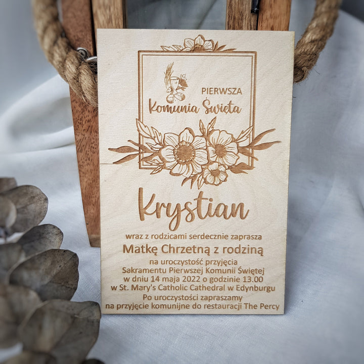 Wooden First Holy Communion Invitation – Personalised Engraved Floral Keepsake Card