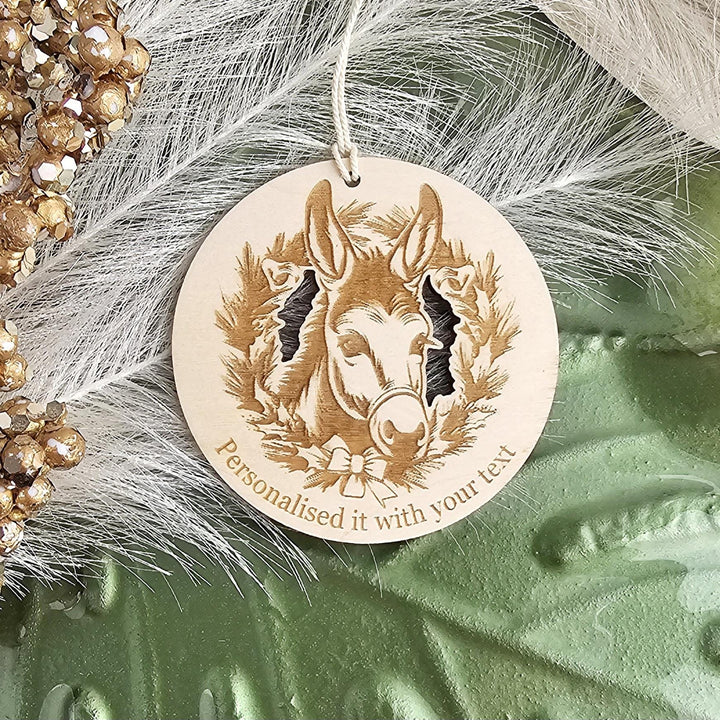 Personalised Floral Wreath Donkey Wooden Christmas Ornament - Custom Keepsake Tree Decor