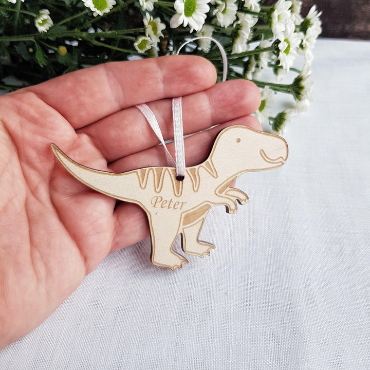 Personalised Dinosaur Wooden Keyring - Engraved Backpack Charm  Christmas Ornament