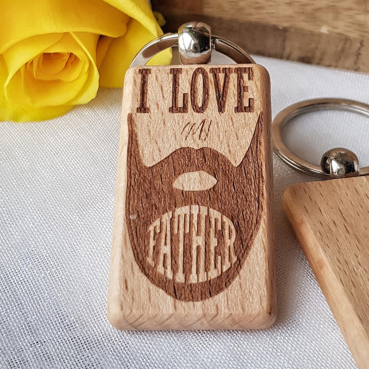 Father's Day Wooden Keyring Gift: I Love My Father - personalised message on the back. Grandfather, Dad, Stepfather, Stepdad, Daddy, Grandpa