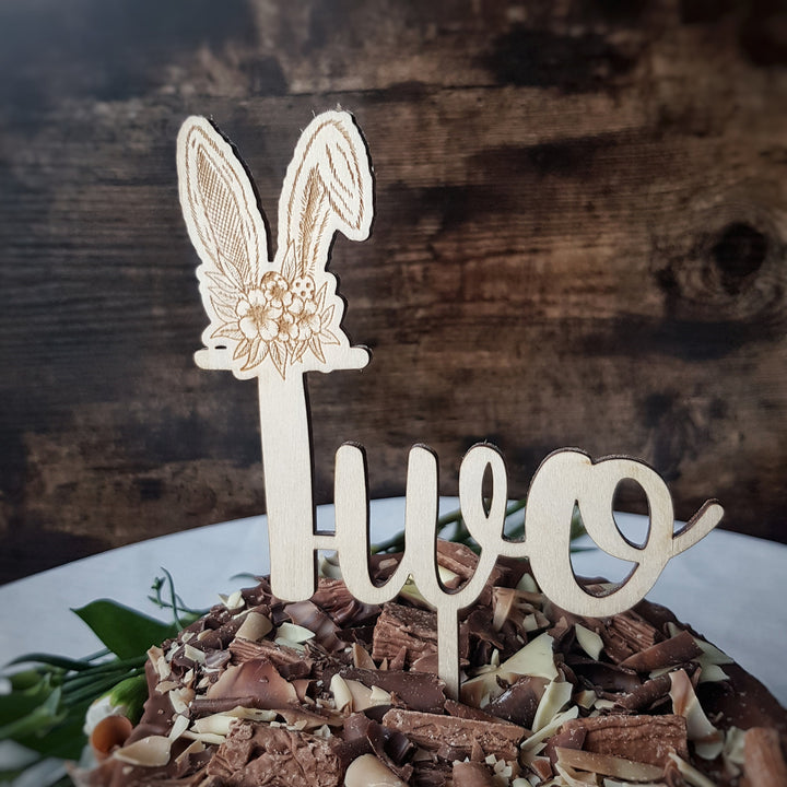 Easter Birthday Wooden Cake Topper, Floral Bunny Ears, Boho / Rustic cake decoration