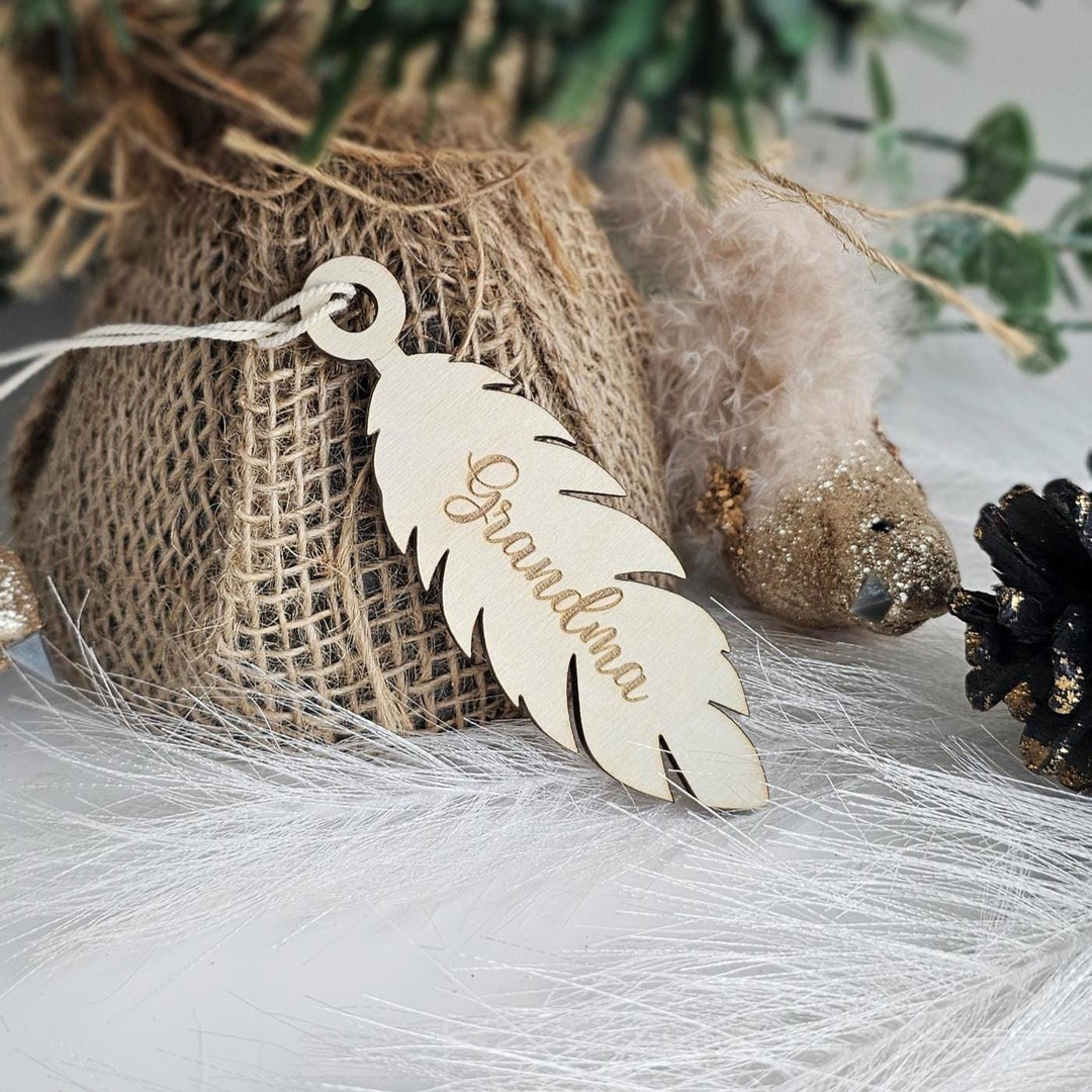 Personalised Feather Ornament – Custom Memorial Wooden Christmas Decoration Gift