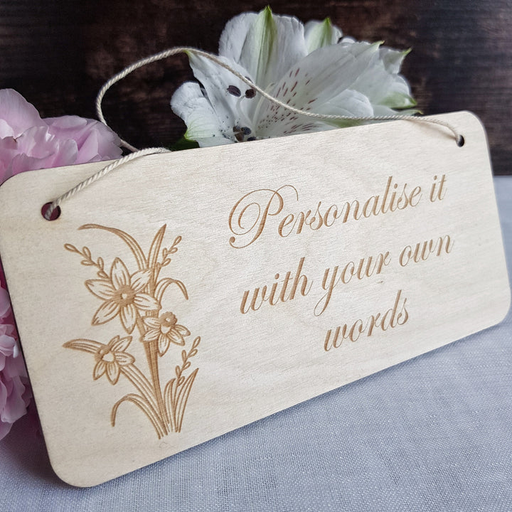 Personalised Rustic Wooden Plaque - Daffodil Design - Bedroom Doors, Offices