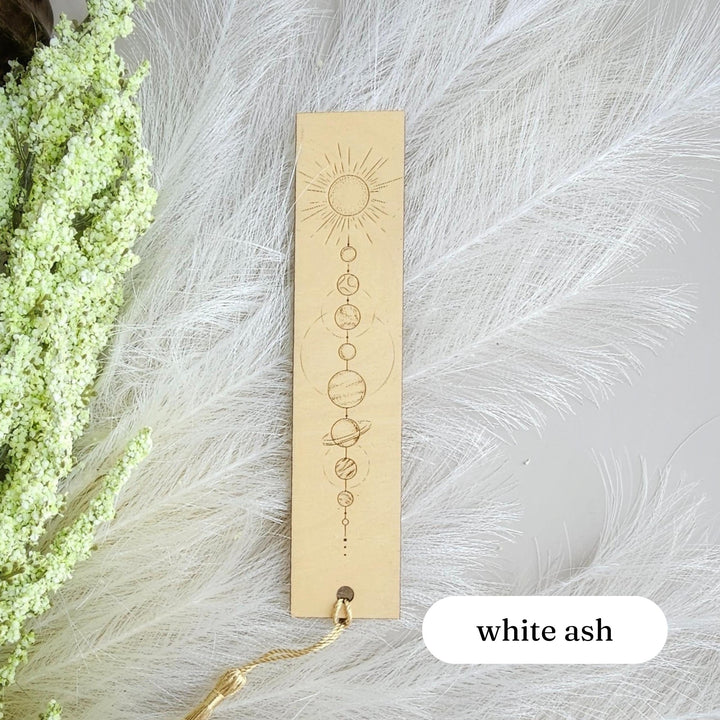 Wooden Solar System Bookmark - Moon  Planets with Mystical Line Art and Customizable Back Message