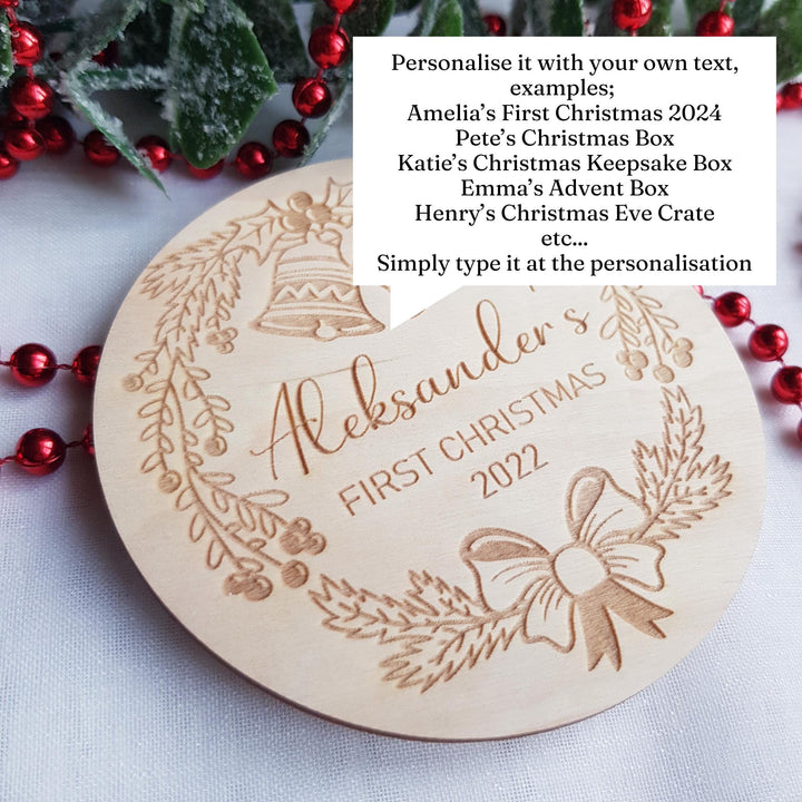 Personalised Babys First Christmas Eve Box Label - Milestone Disc Photo Prop