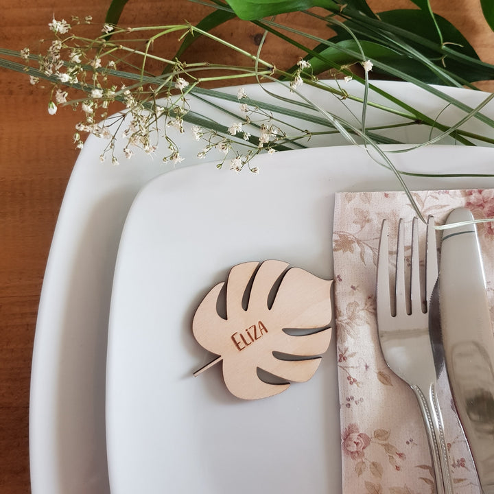 Wooden Monstera Leaf Name Place Setting - Rustic Table Cards for Weddings, Family Gatherings, Parties, Thanksgiving Dinner and Events