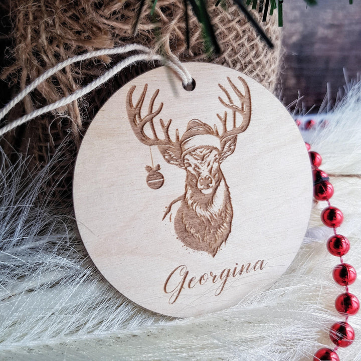 Personalised Christmas Deer Wooden Ornament - Custom Festive Tree Decoration