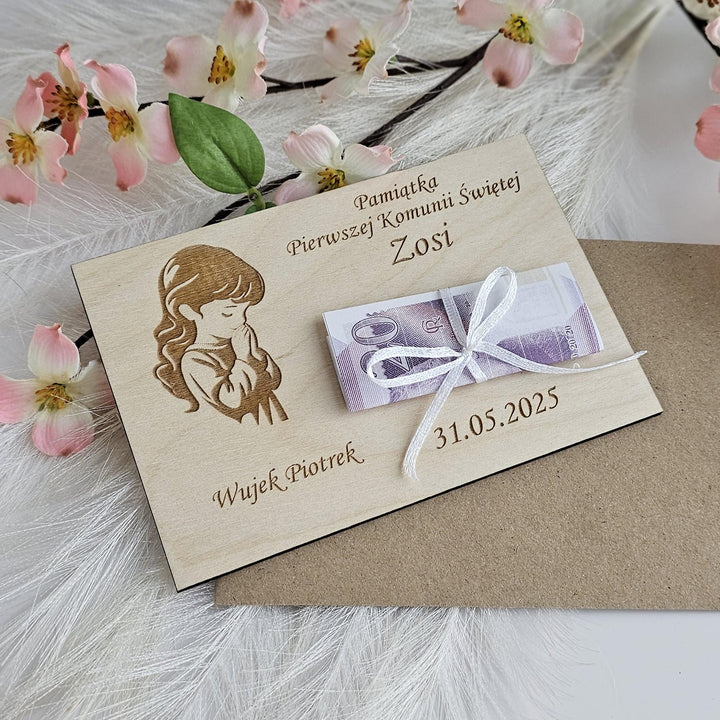 Personalised Money Wallet – Wooden First Holy Communion Gift Card For Girl Keepsake
