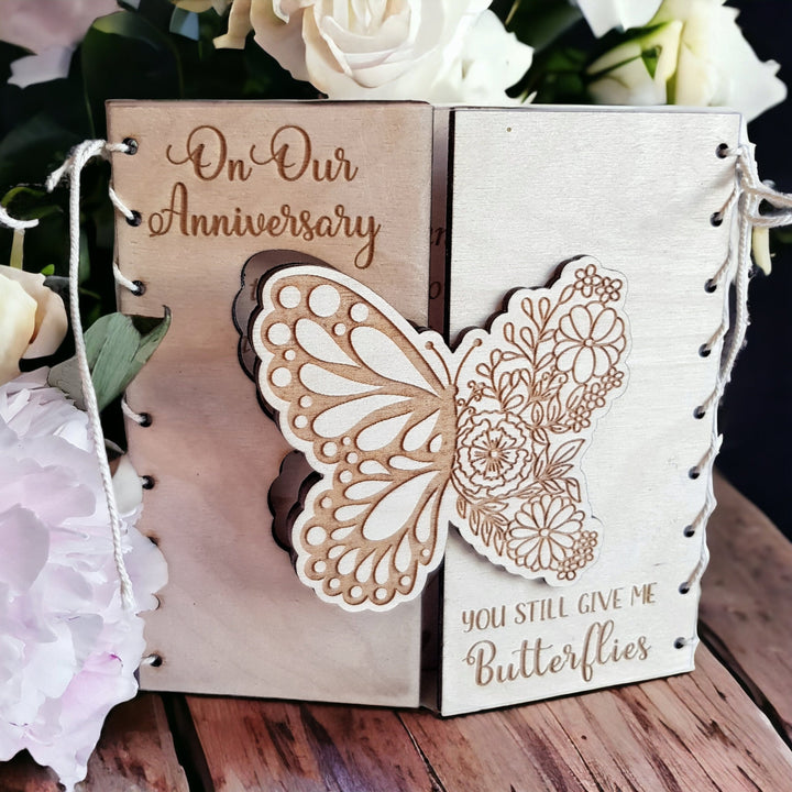 Personalised Anniversary Card - 'You Still Give Me Butterflies' Boho Butterfly - Rustic Wooden Keepsake Gift, Couple Gift