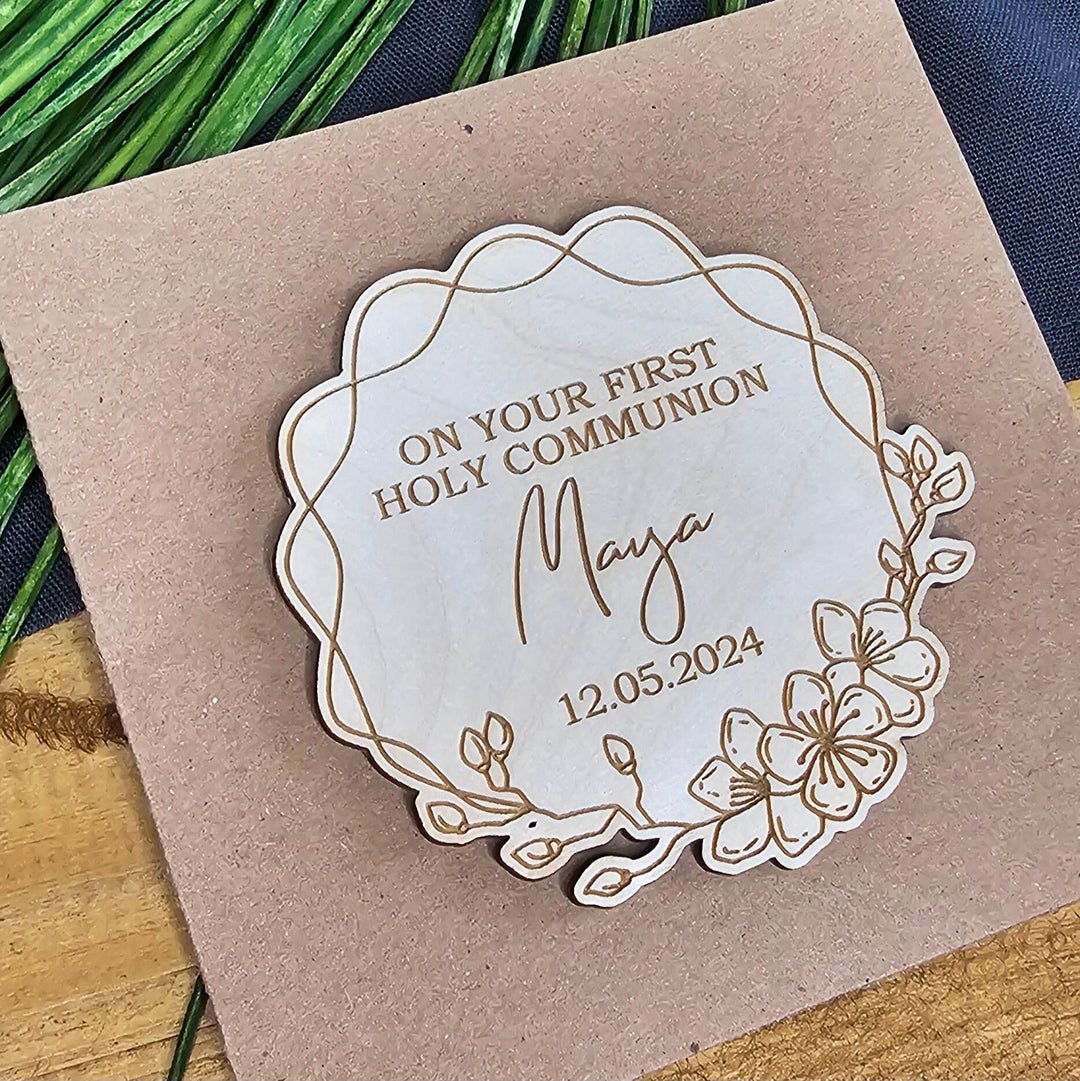 Personalised First Holy Communion Wooden Card – Engraved Catholic Keepsake Gift for Boy or Girl