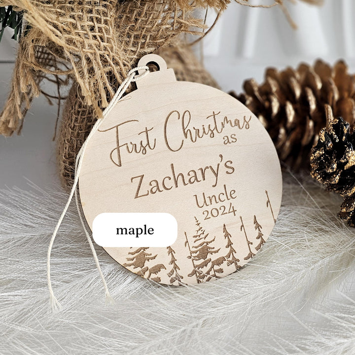Personalised Eco-Friendly Wooden Christmas Bauble - First Christmas as AuntieUncle Ornament