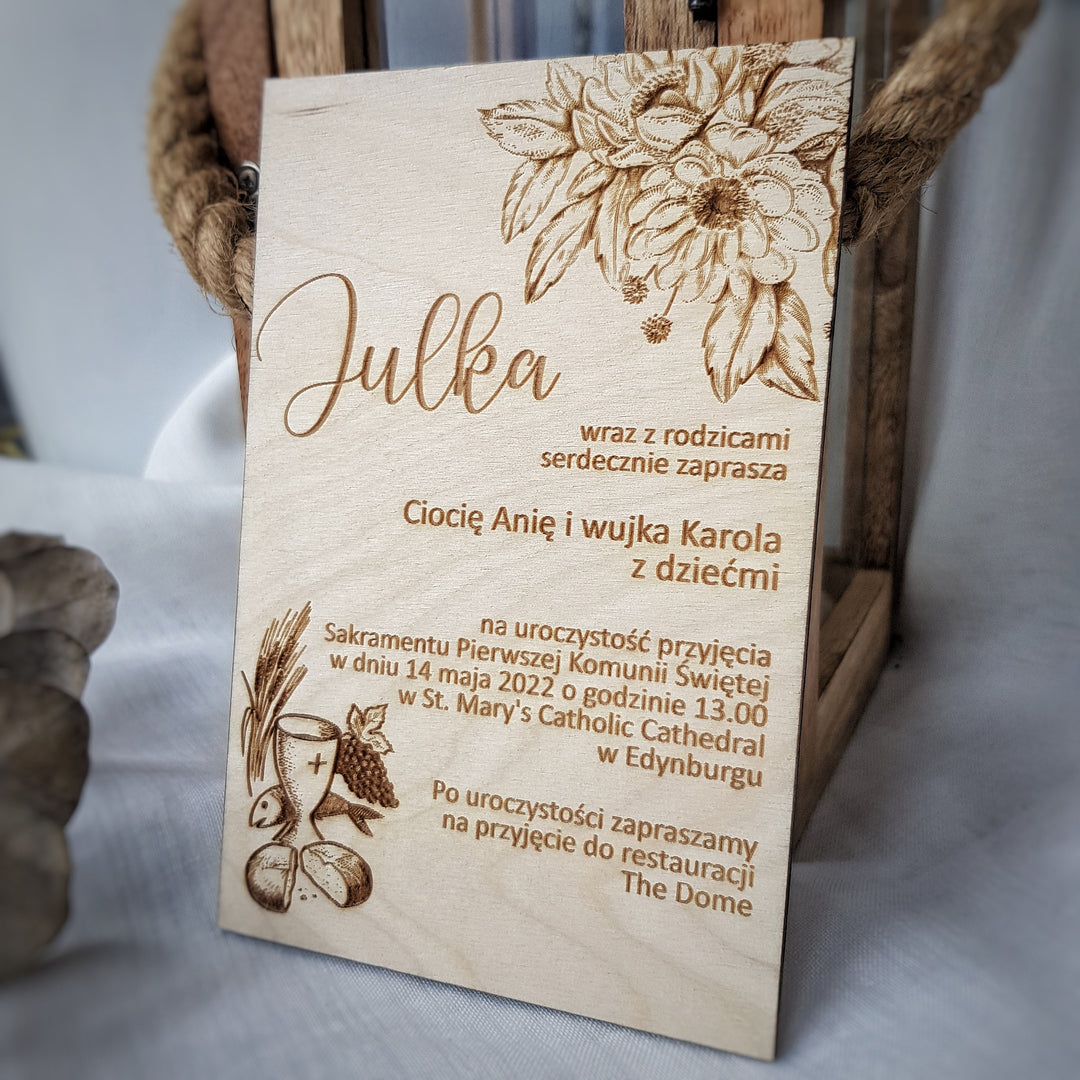 Wooden First Holy Communion Invitation – Personalised Engraved Floral Communion Card