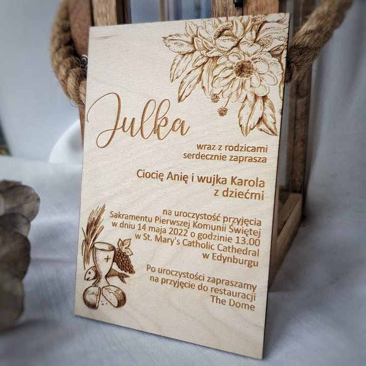 Wooden First Holy Communion Invitation – Personalised Engraved Floral Communion Card