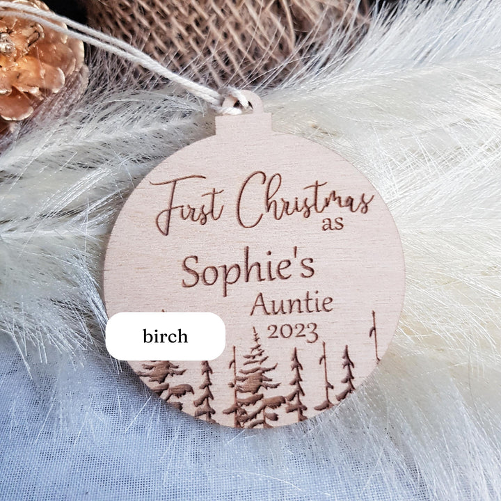Personalised Eco-Friendly Wooden Christmas Bauble - First Christmas as AuntieUncle Ornament