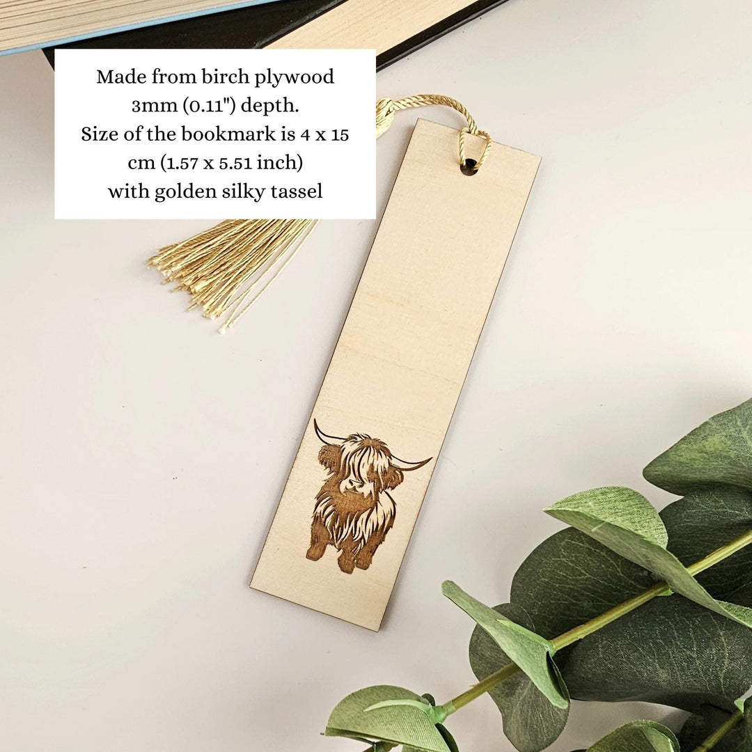 Personalised Wooden Bookmark - Custom Engraved Highland Cow Design Gift For Book Lovers