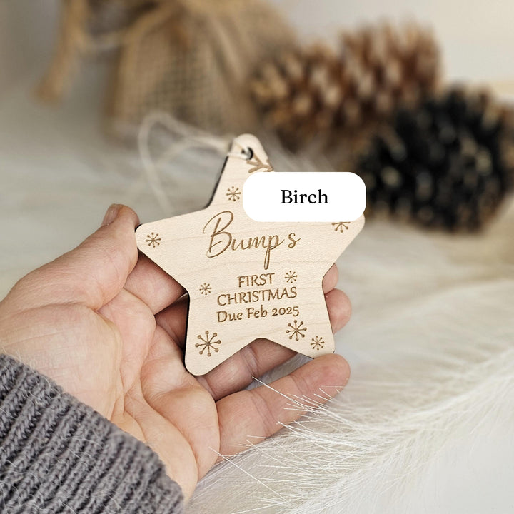 Personalised Baby's First Christmas Tree Bauble - Custom Name Wooden Ornament - Snowflakes Star Bauble