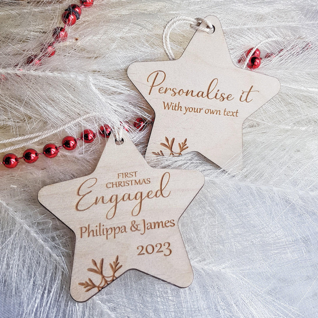 First Christmas Engaged Star Bauble - Personalised Wooden Keepsake, Rustic Tree Ornament, Festive Decoration