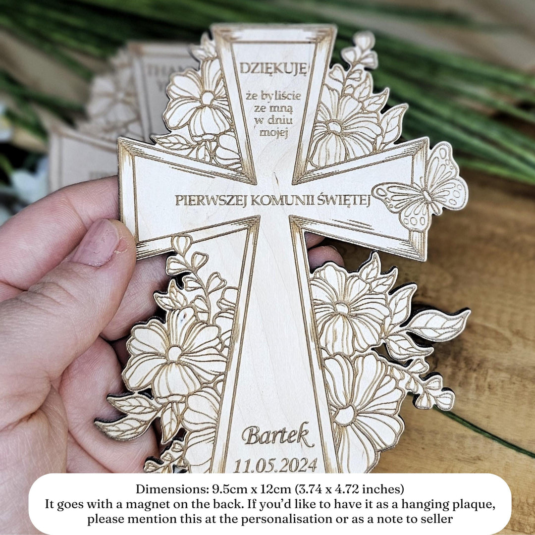 Personalised First Holy Communion Floral Cross Magnet - Thank You Wooden Gift - Baptism Christening Naming Ceremony Confirmation Favours