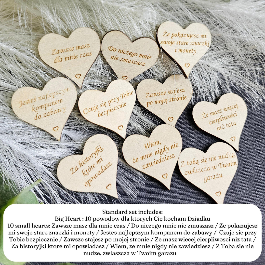 10 reasons why I love you Grandpa Polish Dzien Babci i Dziadka, Eco wooden gift tokens, engraved hearts gift for Grandmother and Grandfather