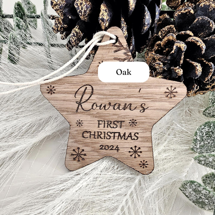 Personalised Baby's First Christmas Tree Bauble - Custom Name Wooden Ornament - Snowflakes Star Bauble