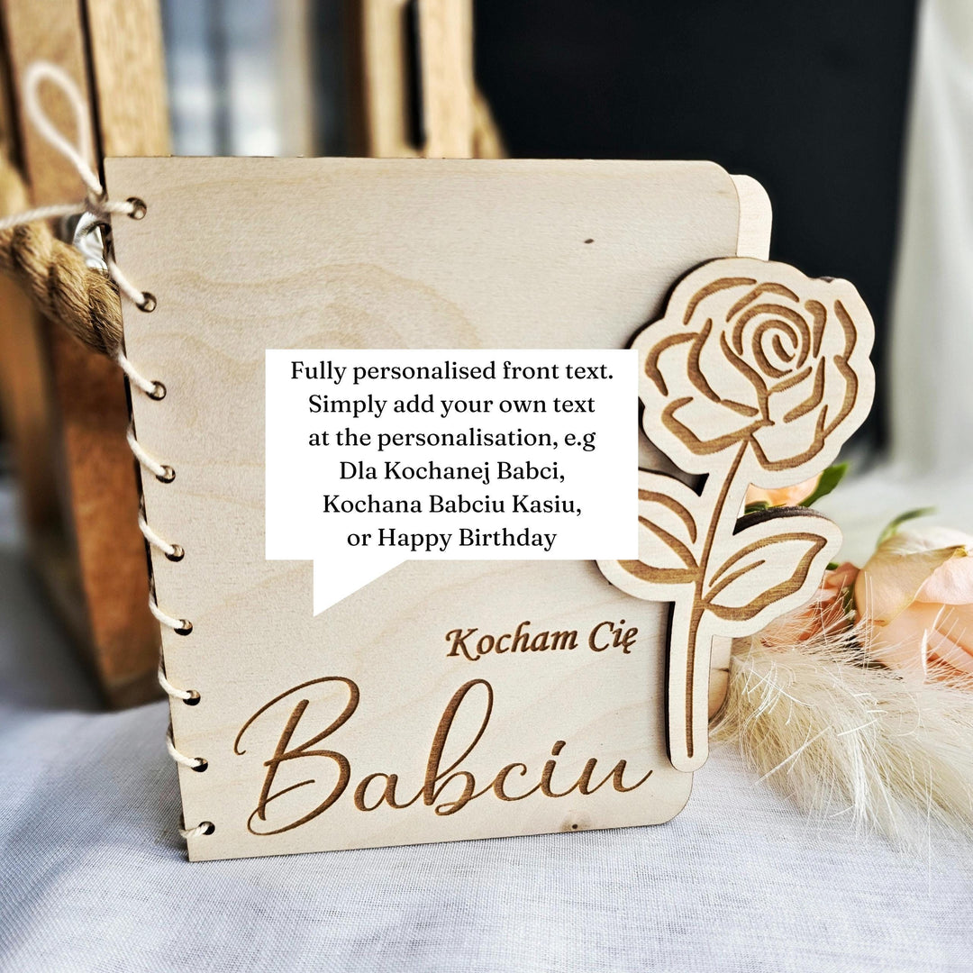 Personalised Wooden Card Rose Flower - Grandma gift, Birthday, Anniversary, Wedding, Engagement, Housewarming, Polish Dzien Babci i Dziadka