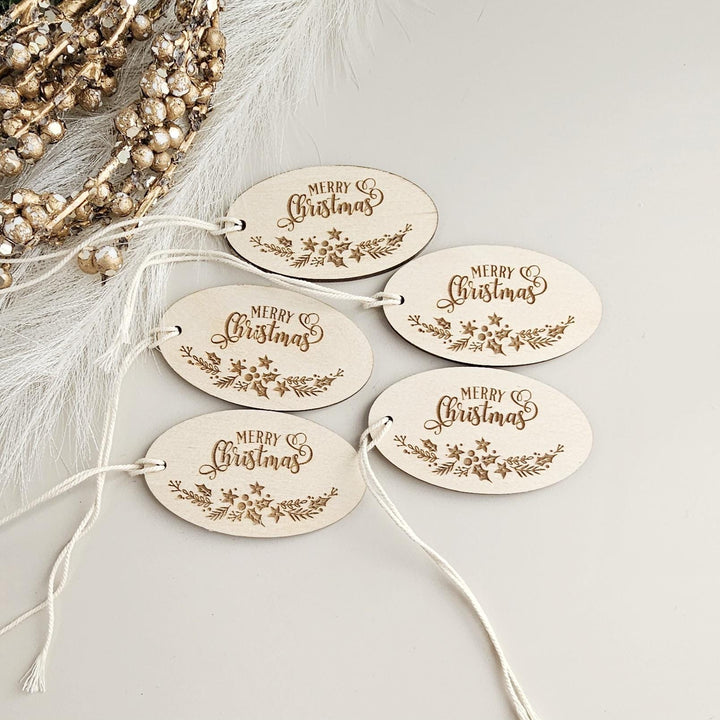Personalized Wooden Christmas Gift Tags - Set of 5 Merry Christmas Labels for Wrapping and Wreaths