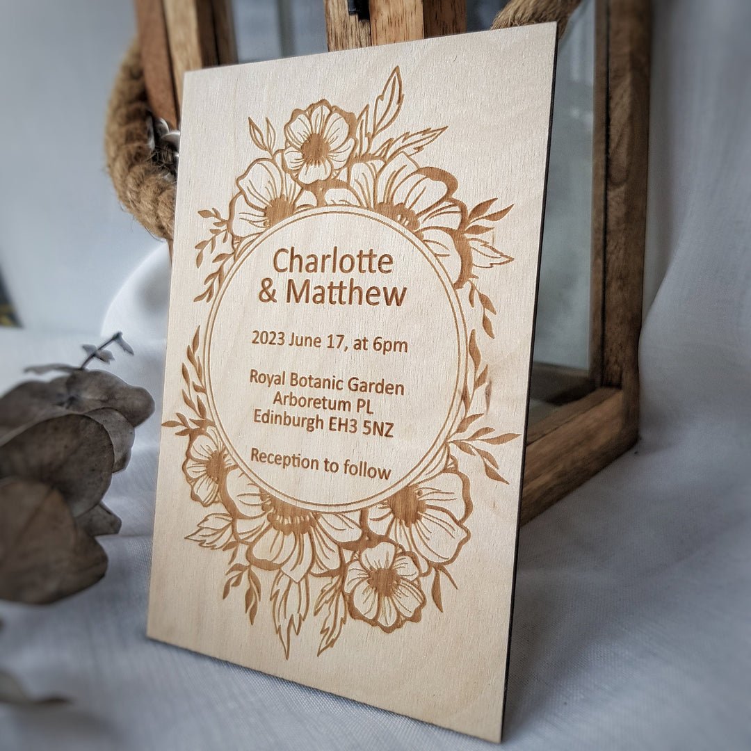 Personalised Rustic Wooden Wedding Invitation - Floral Wreath - Birthday Anniversary Baptism Christening Confirmation Party Dinner Invite