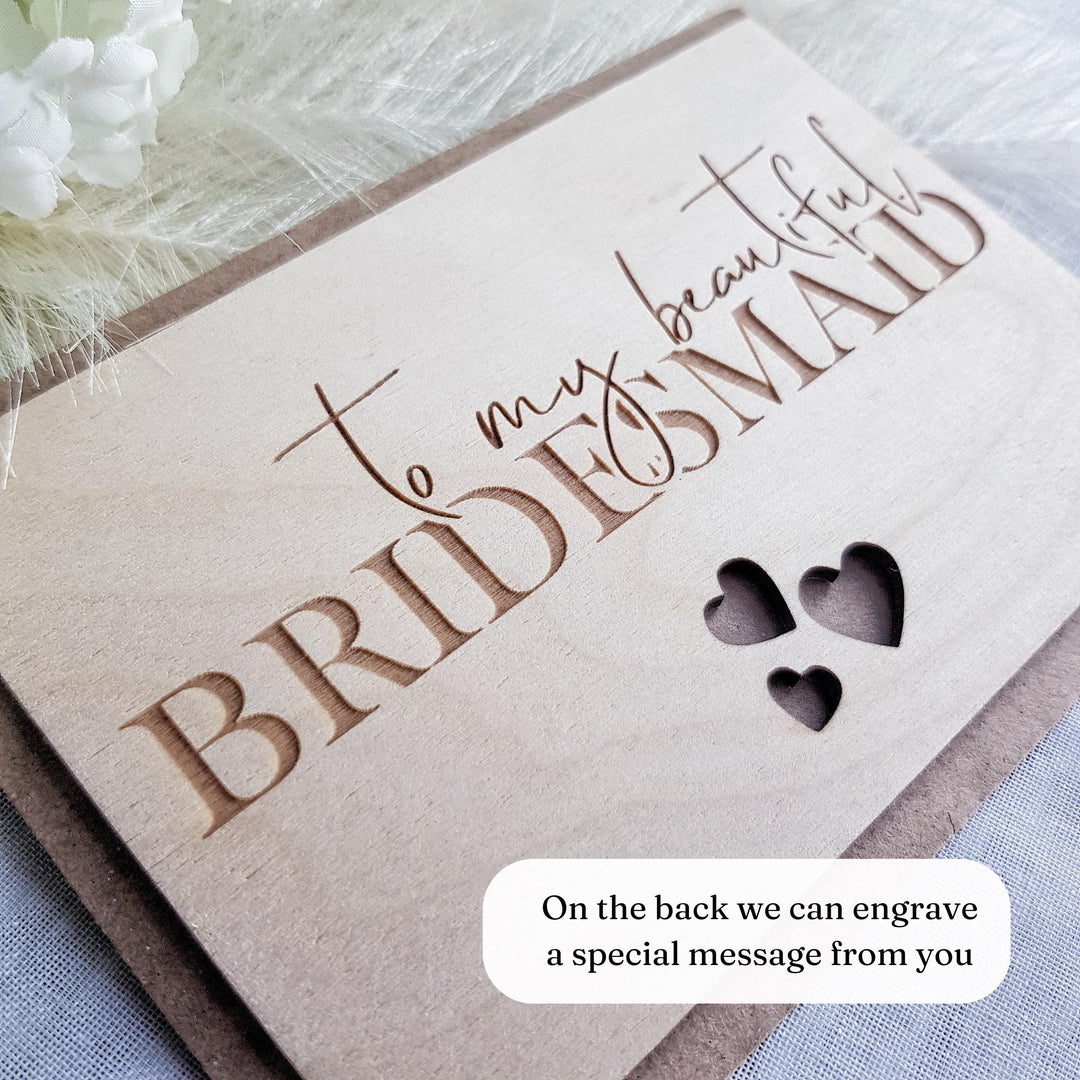Bridesmaid Thank You Card, Personalised Wooden Gift - Rustic Three Hearts Keepsake for Maid of Honour & Bride Squad