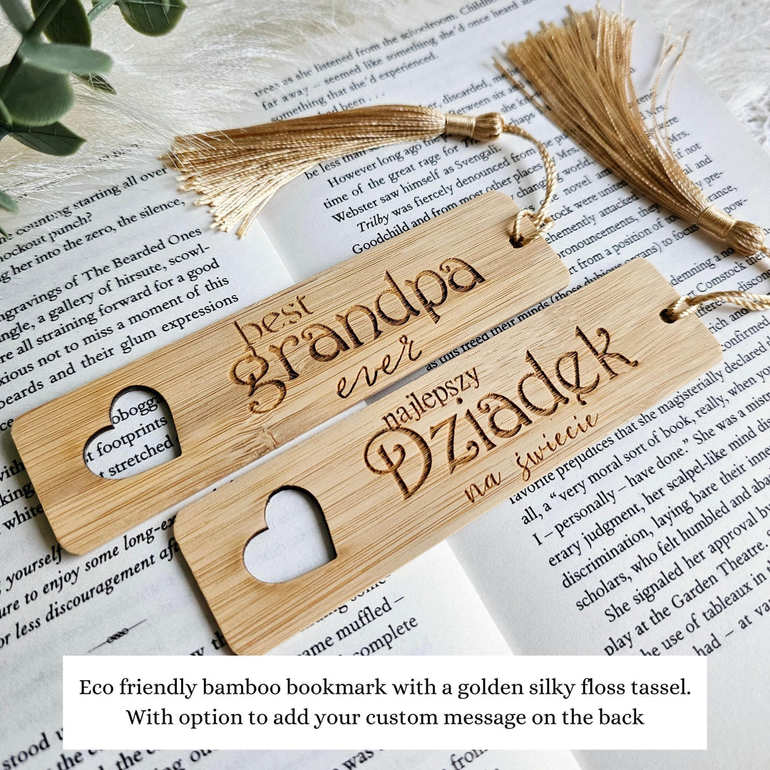Personalised Wooden Bookmark – Eco Friendly Bamboo Gift for Grandfather with Golden Tassel
