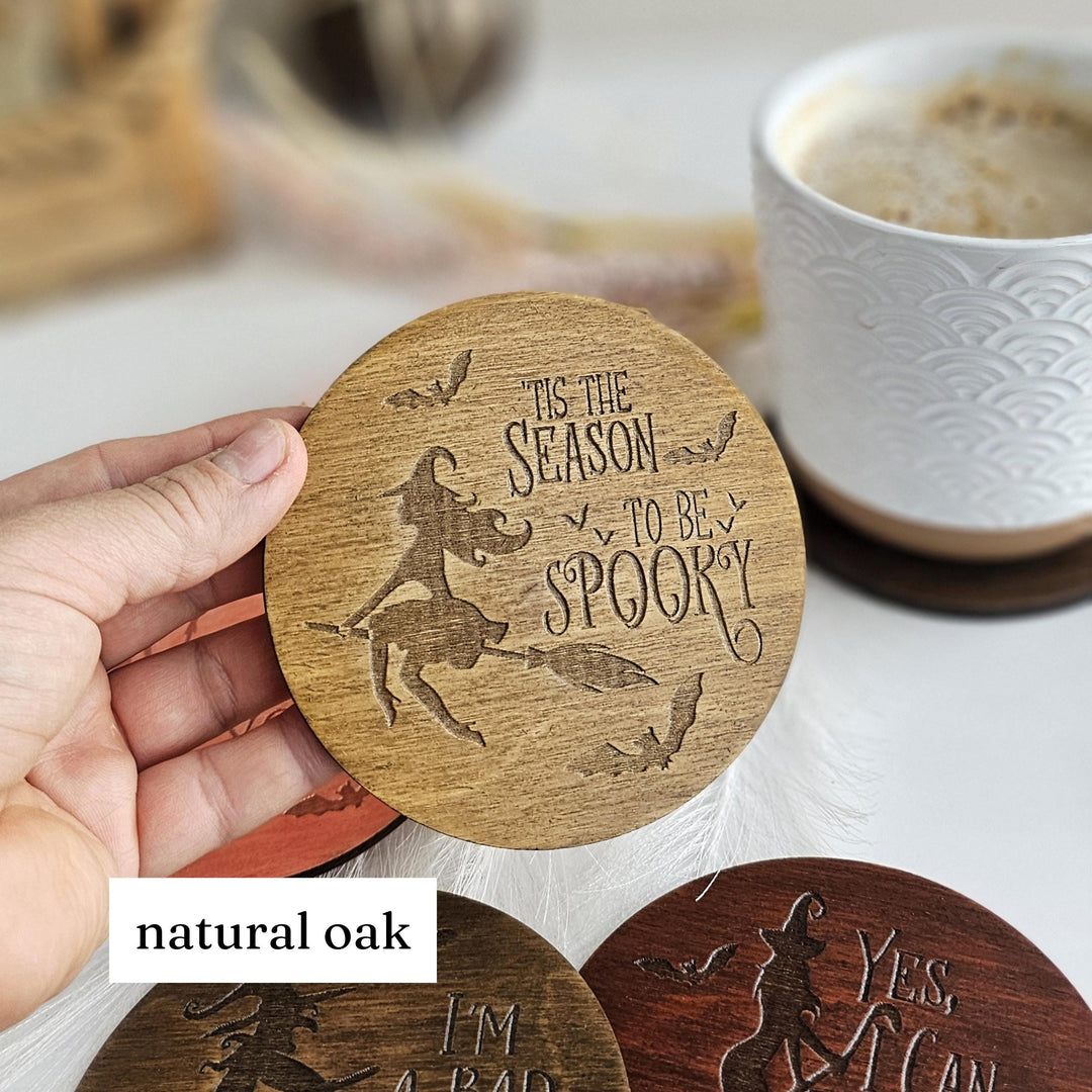 Witchy Halloween Coasters - Wooden Spooky Table Decor - Handmade Housewarming Gift Idea - Yes I can drive a stick