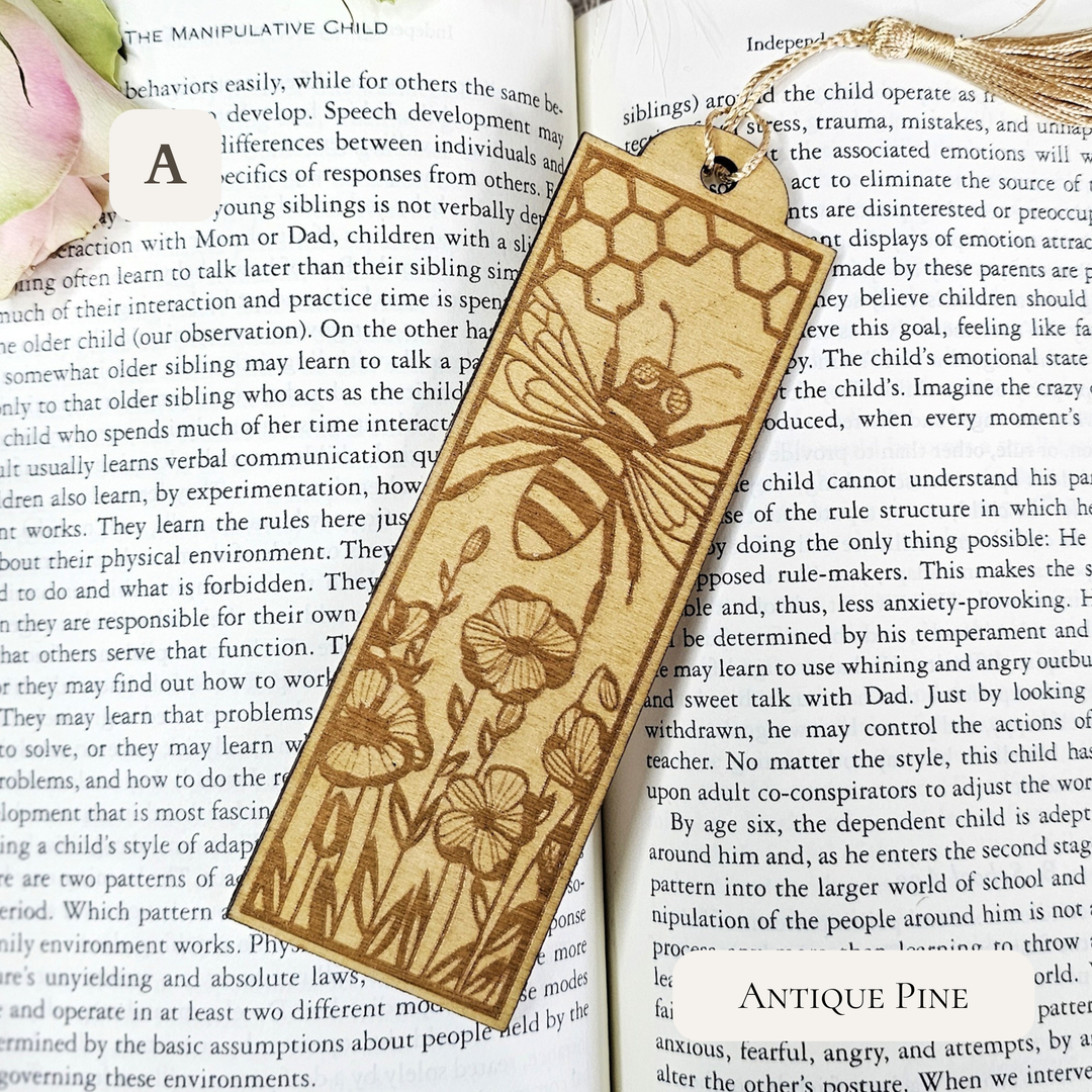 Personalised Bee Wooden Bookmark - Engraved Handmade Floral Bookmark Gift for Book Lovers