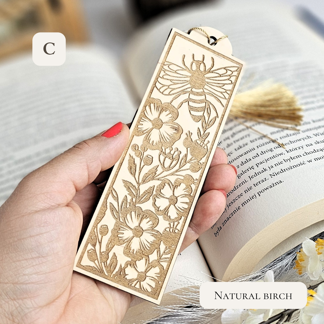 Personalised Bee Wooden Bookmark - Engraved Handmade Floral Bookmark Gift for Book Lovers