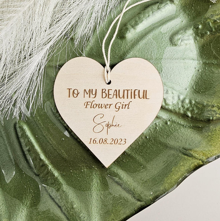 Personalised Wedding Gift Heart Plaque - Bridal Party Tag / Ornament- Bridesmaid, Maid of Honour, Flower Girl Wooden Keepsake