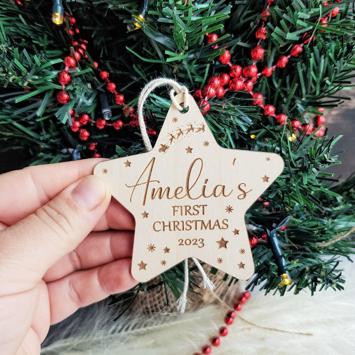 Personalised Baby's First Christmas Tree Bauble - Wooden Keepsake with Santa Sleigh - Custom Name Ornament - Star Ornament