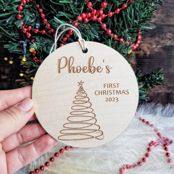 Personalised Round Wooden Ornament - Babys First Christmas Tree Bauble with Rustic Modern Design
