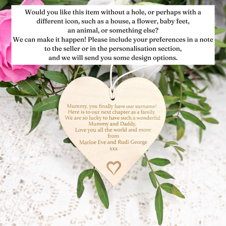 Personalised Wooden Heart Ornament - Custom Gift Tag Keepsake for Teacher Wedding Congratulations