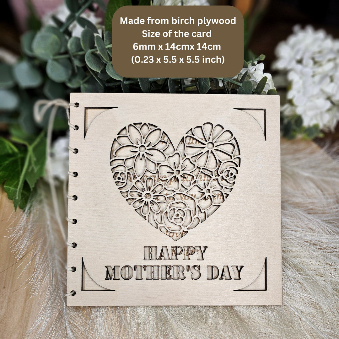 Personalised Mother's Day Wooden Card with Romantic Floral Heart- Perfect Gift for Mom, Mum, Stepmother, Grandmother, Nanny, Grandma, Granny