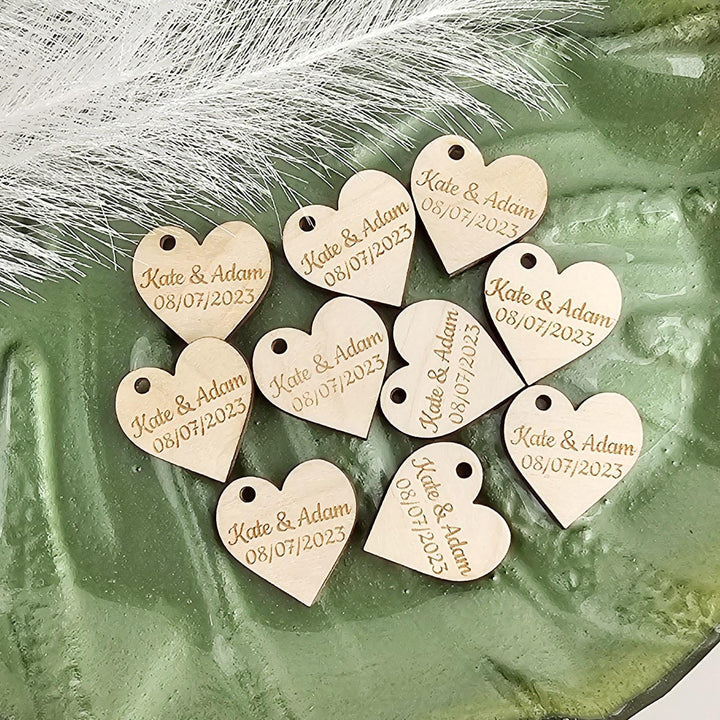 Wedding Heart Favours - Personalised Wooden Thank You Tokens,  Custom Engraved Rustic Gift Tags