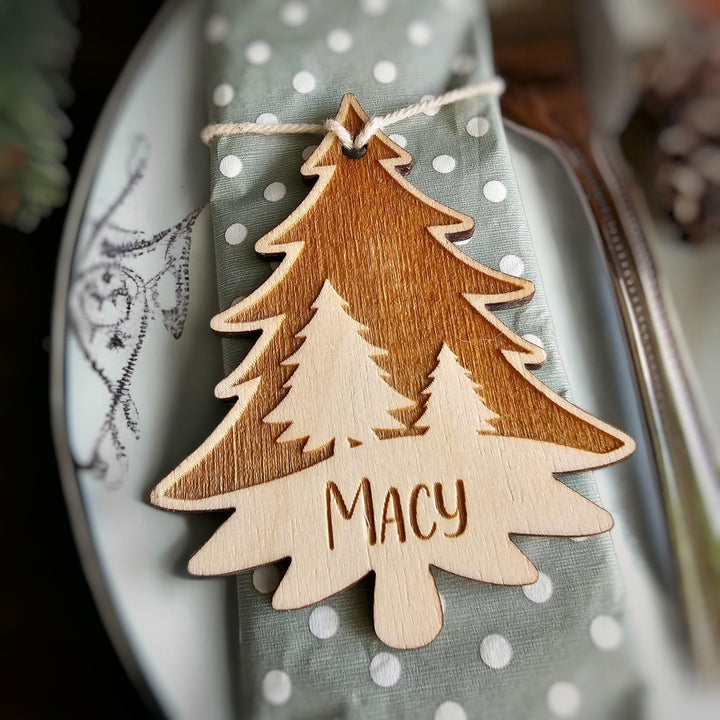 Personalised Rustic Christmas Tree Place Settings for Winter Weddings - Elegant Table Decorations for Holiday Dinners