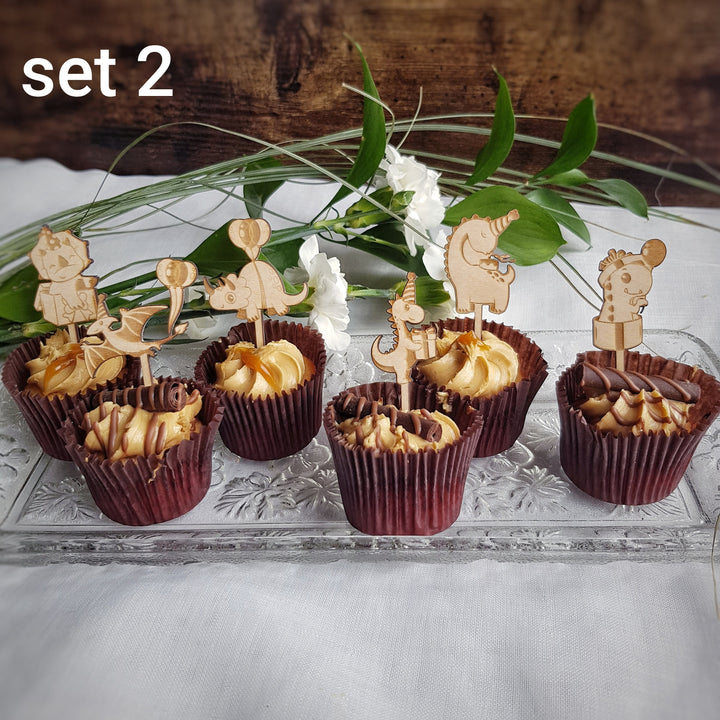 Dinosaurs Cupcake Toppers - Wooden Cake Decorations - Set of 6 or 12