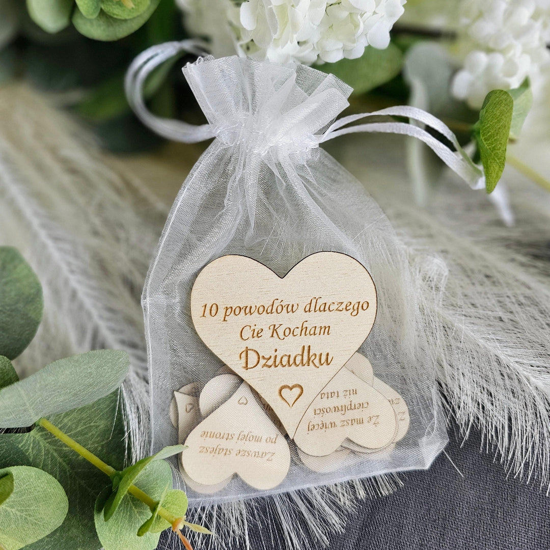 10 reasons why I love you Grandpa Polish Dzien Babci i Dziadka, Eco wooden gift tokens, engraved hearts gift for Grandmother and Grandfather