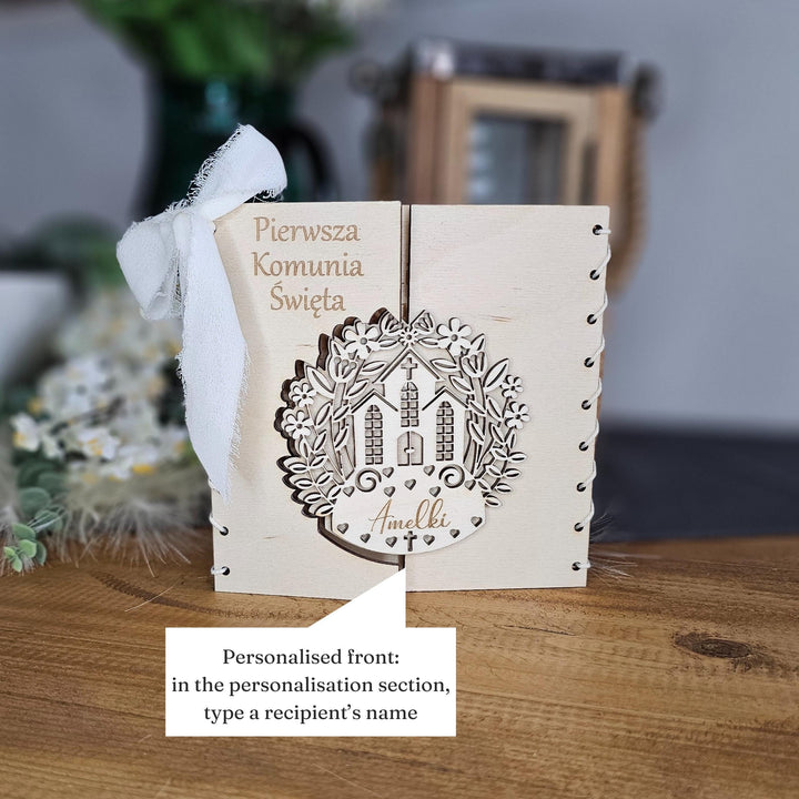 First Holy Communion Card Church Design, Personalised Rustic Wooden Keepsake, Custom message gift, Pierwsza Komunia Swieta