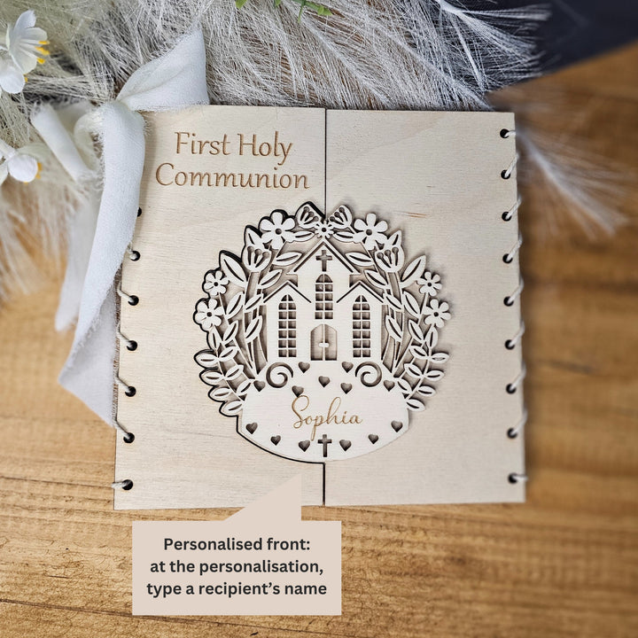 Personalised First Holy Communion Card Church Design, Rustic Wooden Keepsake, Custom message gift card