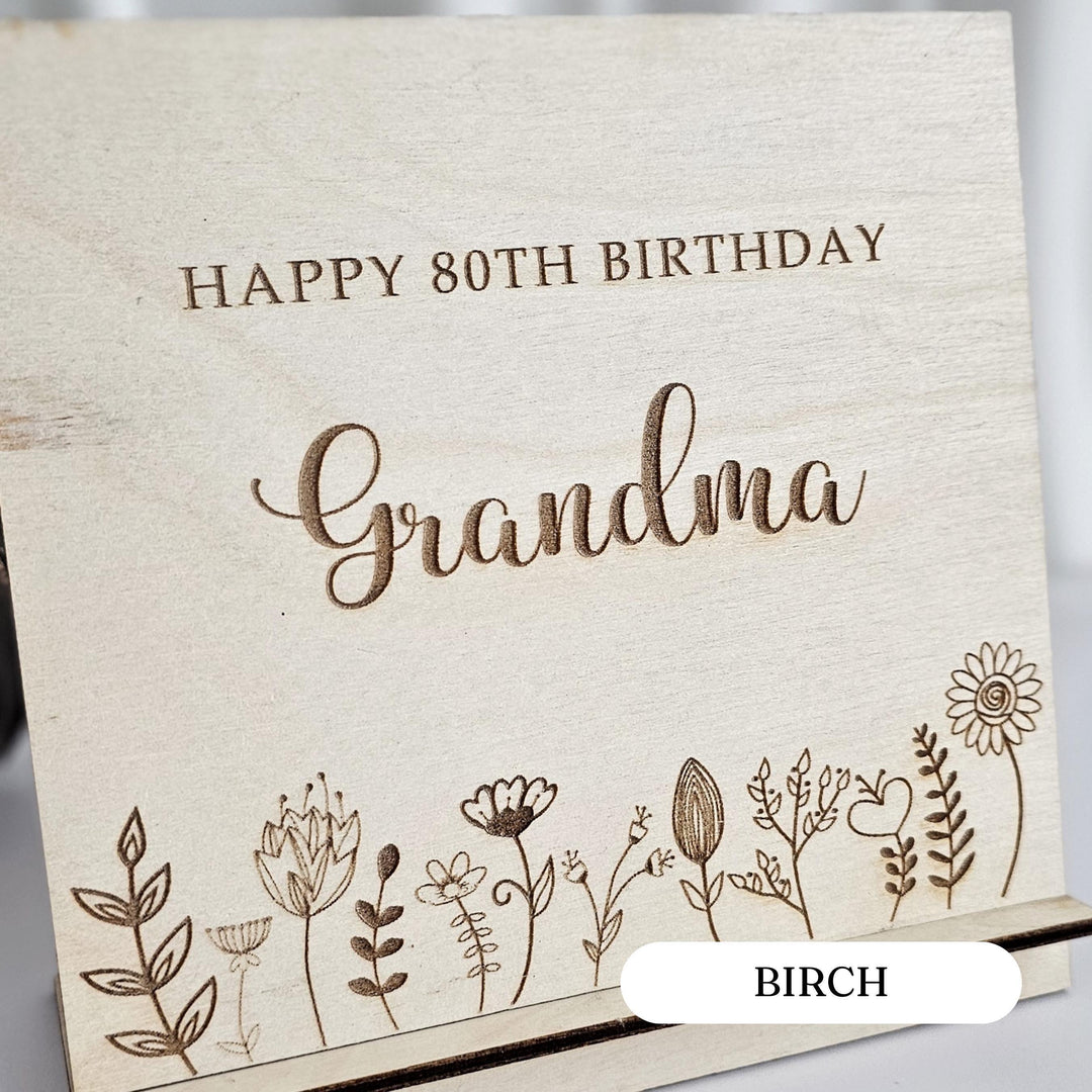 Personalised Floral Wooden Birthday Card - Engraved Eco-Friendly Keepsake Decor