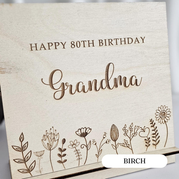 Personalised Floral Wooden Birthday Card - Engraved Eco-Friendly Keepsake Decor