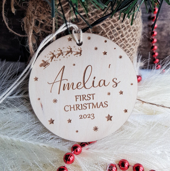 Personalised Baby's First Christmas Tree Bauble - Wooden Keepsake with Santa Sleigh - Custom Name Ornament - Round Ornament